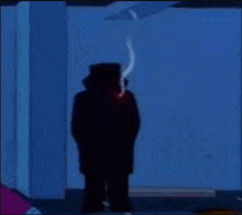 a cartoon character is smoking a cigarette in a dark room