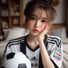 a girl wearing a black and white adidas jersey holds a soccer ball