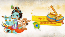 a cartoon of a boy playing a flute with the words happy janmashtami