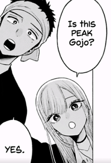a man and a woman are standing next to each other with a speech bubble that says is this peak gojo yes