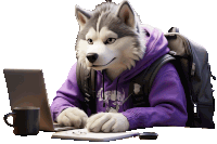 a husky wearing a purple sweatshirt with the word abercrombie on it