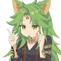 a girl with green hair and a tattoo on her arm is pointing up