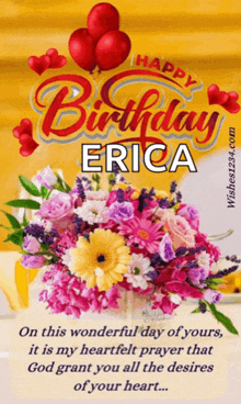 a birthday card for erica with a bouquet of flowers