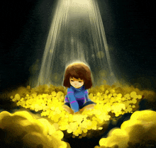 a drawing of a girl sitting in a pile of yellow flowers with a light coming from above