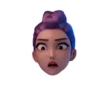 a cartoon character with purple hair and a bun has a surprised look on her face
