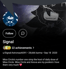 a screenshot of a person 's social media account with the name signal on it