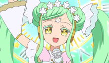 a girl with green hair is holding a microphone in her hand