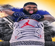 a man in a new england patriots uniform is driving a giant shoe
