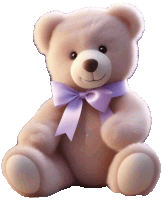 a teddy bear with a purple bow around its neck sits on a white background