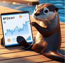 an otter is sitting on a dock holding a tablet that says btc.017 on the screen