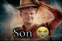 a man wearing a straw hat with the word son written above him