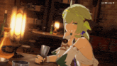 a girl with green hair is sitting at a table with a glass of wine and a sign that says hold