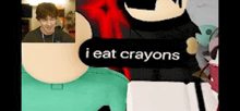 a cartoon character says " i eat crayons " while a man looks on