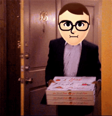 a man with glasses is carrying a stack of pizza boxes in front of a door that says 303