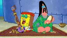 a cartoon of spongebob playing a guitar and patrick playing a drum