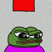 a cartoon of a green frog with a purple shirt and a red square in the background