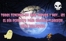 a halloween greeting in spanish with a full moon and a skull