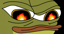 a cartoon frog with flames coming out of its eyes and a tongue sticking out