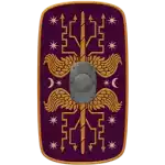 a purple and gold shield with arrows and wings on it