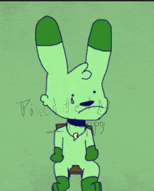 a drawing of a green rabbit with a collar and a yellow lightning bolt on his chest