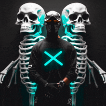 a man wearing a mask and sunglasses is standing in front of two skeletons