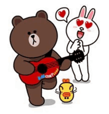 a brown bear is playing a guitar next to a rabbit and a yellow duck .