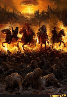 a painting of people riding horses in a fire