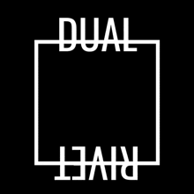 a logo for dual rivet hair is shown in white on a black background .