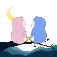 two penguins sitting on a tree branch looking at a crescent moon