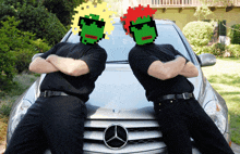 two men standing in front of a mercedes with pixelated faces