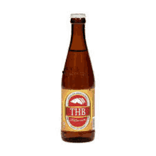 a bottle of thb beer is sitting on a white background .