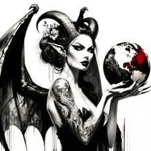 a black and white drawing of a woman with horns holding a bloody globe