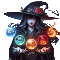 a woman in a witch hat is holding four balls of different colors in her hands