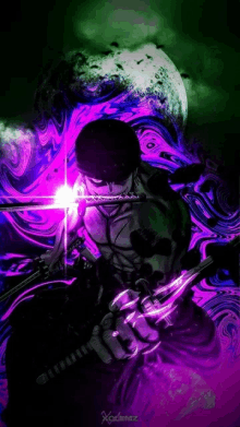 roronoa zoro from one piece is holding a sword with a purple background .