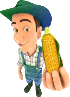 a cartoon farmer is holding a corn on the cob in his hand