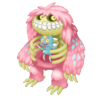 a monster with pink hair is holding a smaller monster