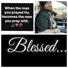 a man is sitting in a car with a blessed sign next to him