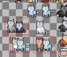 a bunch of pixel art cats are sitting on a checkerboard background