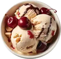 a bowl of ice cream with chocolate sauce and cherries