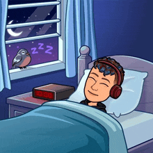 a man is sleeping in a bed with headphones on and a bird sitting on the nightstand .