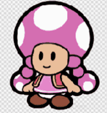 a pink toad with white polka dots on it 's hat