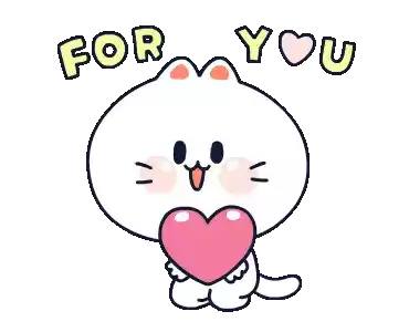 a cartoon cat holding a pink heart with the words for you written above it