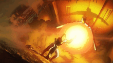 a cartoon drawing of a person holding a sword in front of a huge fireball