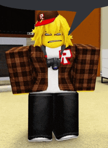 a roblox character wearing a plaid shirt and a red hat with the letter r on it