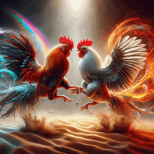 a painting of two roosters standing next to each other with flames coming out of their wings