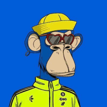 a monkey wearing a yellow hat and sunglasses is wearing a yellow jacket and a yellow hat .