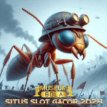 an ant wearing a helmet and goggles is on a poster for museum bola