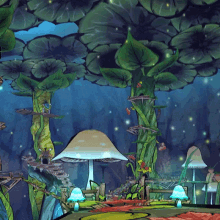 a cartoon illustration of a forest with mushrooms and leaves