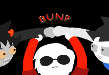 a bunch of cartoon characters with the word bunp written in red