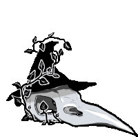 a black and white drawing of a bird 's skull with leaves and mushrooms growing out of it